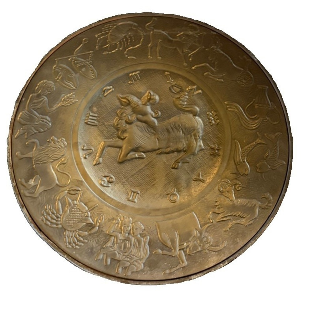 Vintage Brass Zodiac Astrology Wall Plaque Aries Ram 16" Round Mid Century Decor - Picture 2 of 3